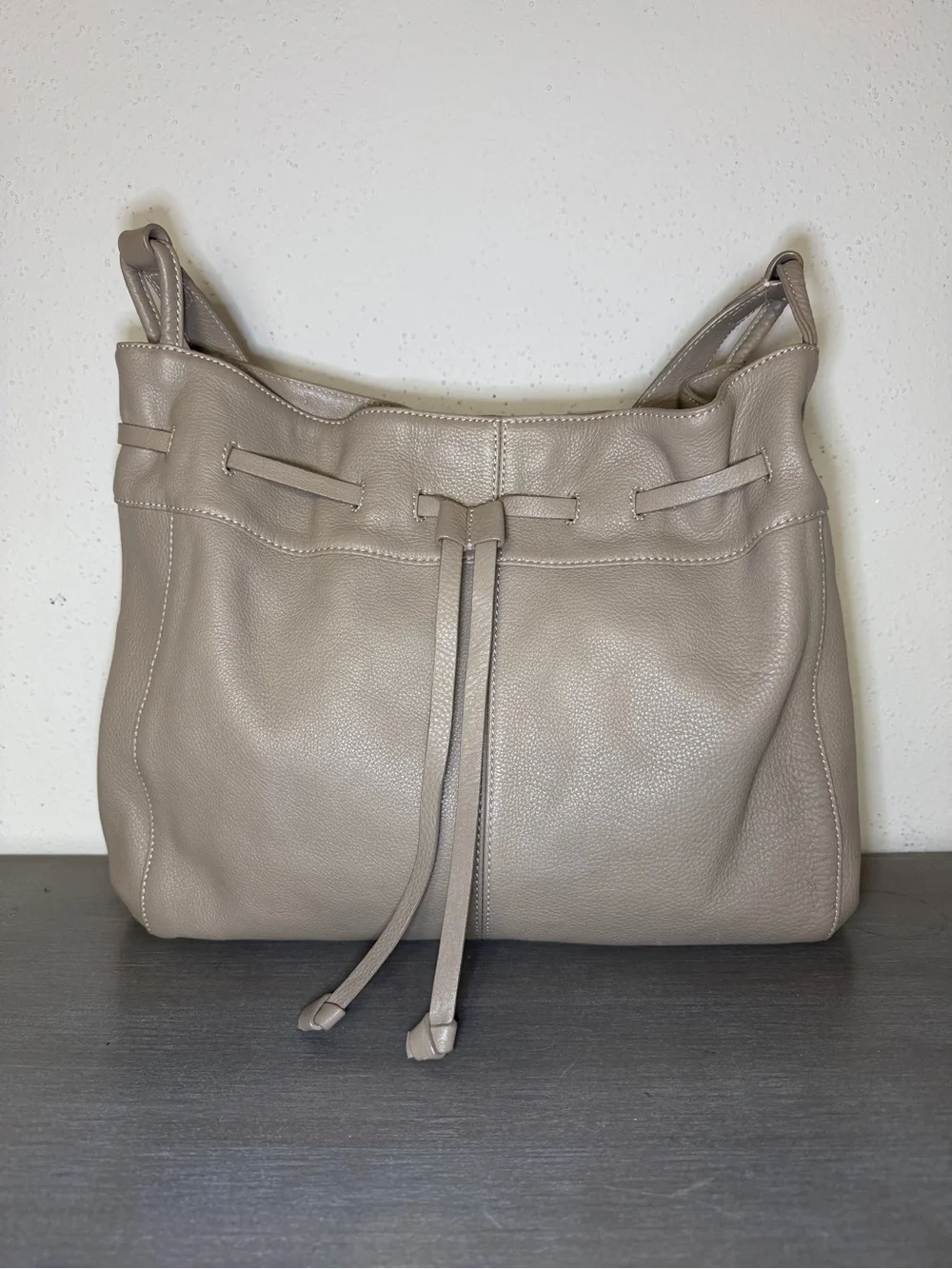 J. Jill Taupe Pebbled Leather Drawstring Bucket Bag Shoulder Purse Handbag